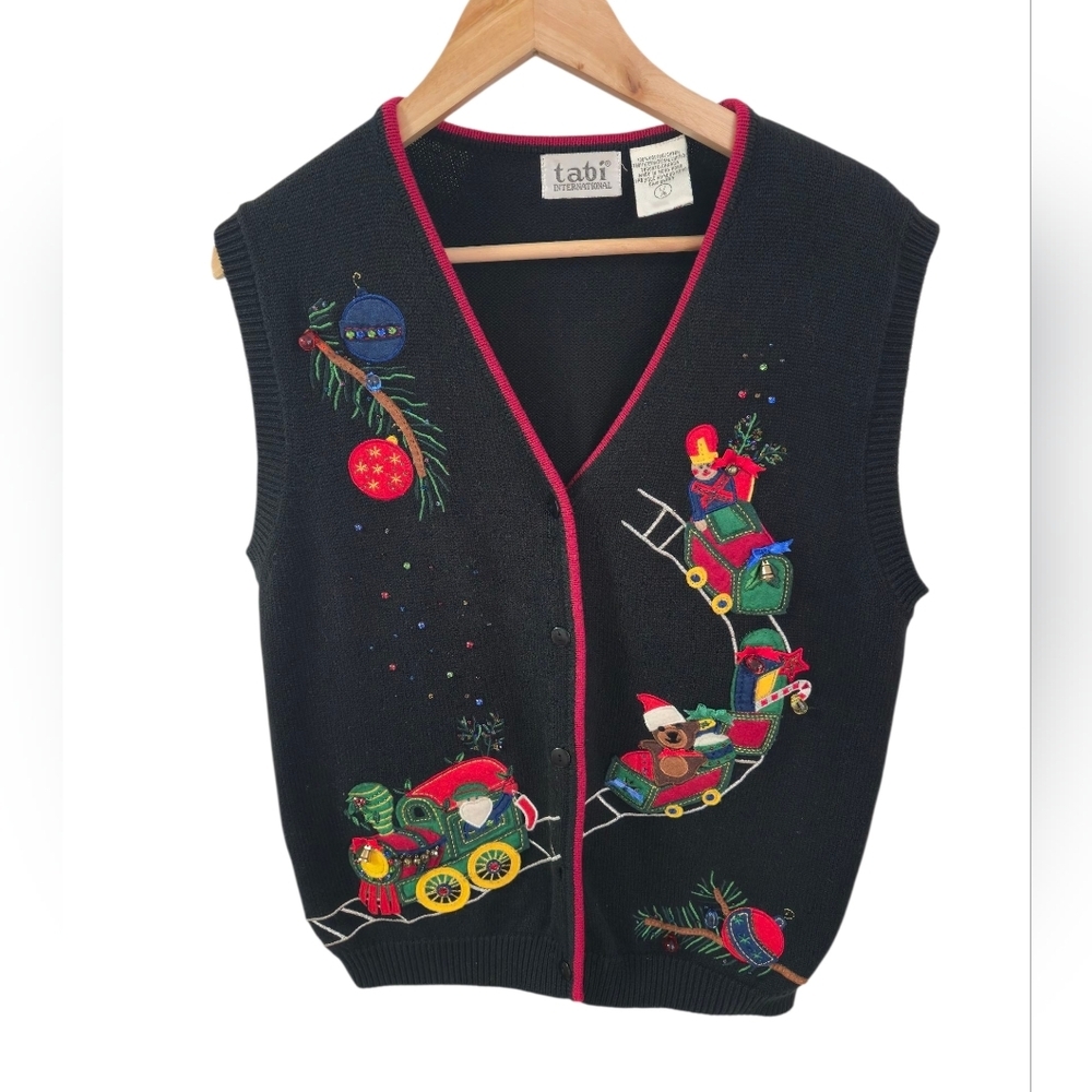 Vintage Tabi  Beaded Embellished Christmas Train Sweater Vest Black Size Large